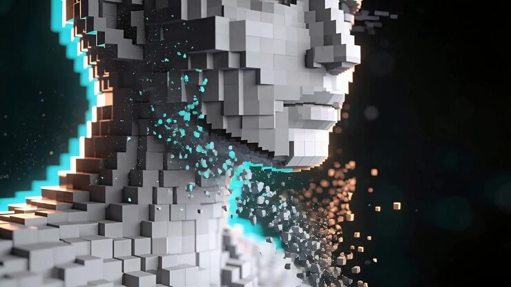 Unzipping stylized voxel bust revealing internal structure in dark void, detaching cubes scattering