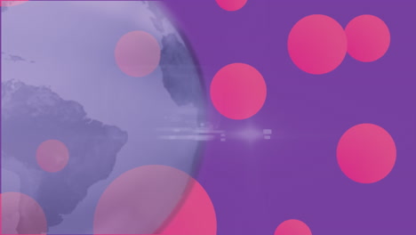 animación de manchas rosadas sobre un globo giratorio contra un fondo púrpura con espacio de copia