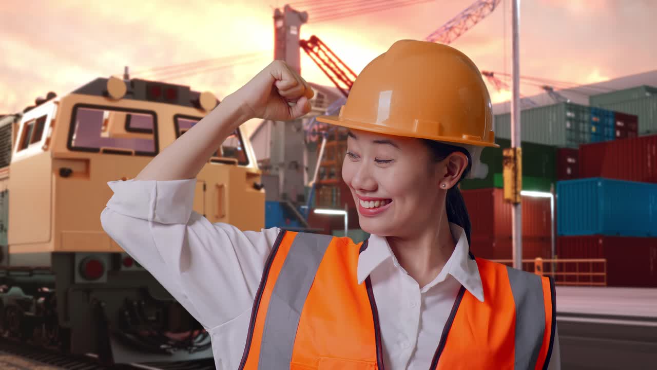 Close Up Of Asian Female Engineer With Safety Helmet Flexing Her Bicep And Smiling To Camera With Freight Cargo Train At Port