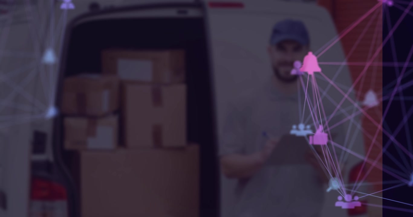 Animation of media icons over caucasian male deliverer