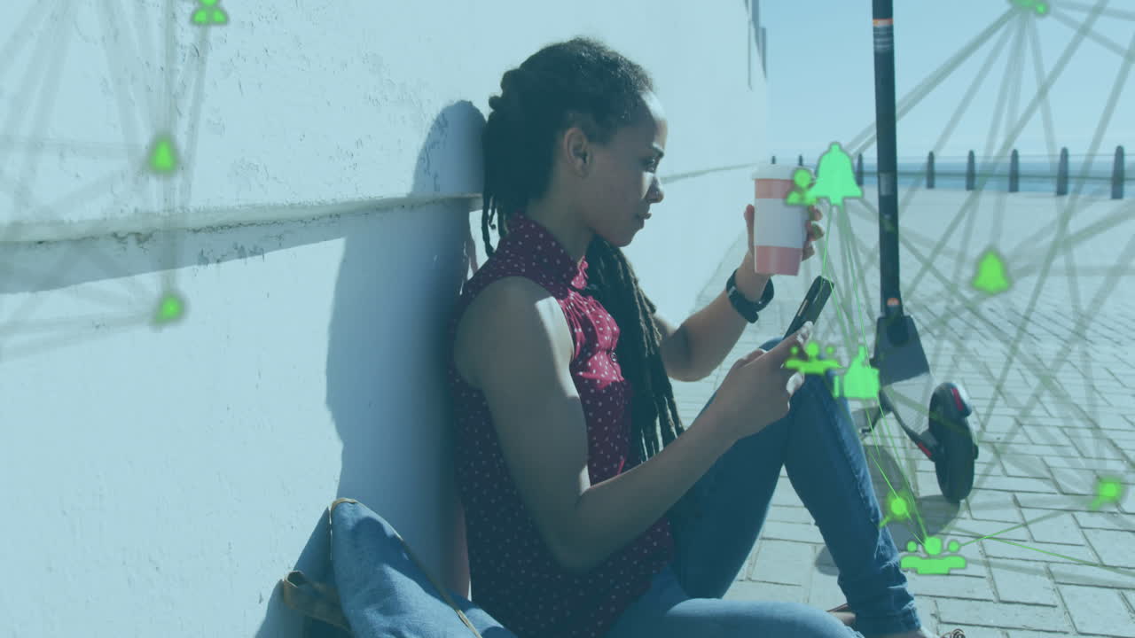 Animation of network of connections with technological icons over woman sitting on promenade
