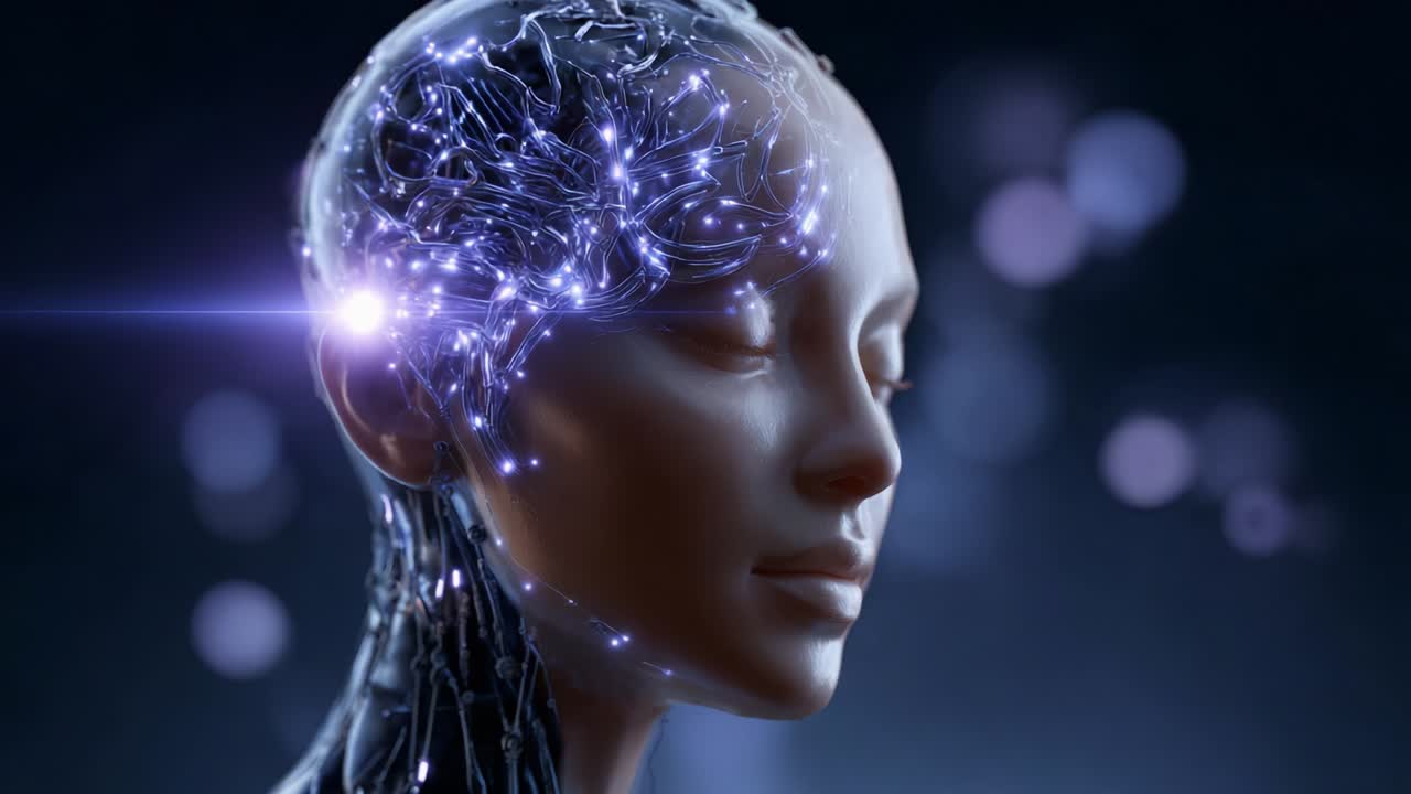 A Futuristic Portrait of an AI-Enhanced Human: Capturing the Intersection of Technology and Humanity, Showcasing a Stunning Visage with Radiant Neural Connections and a Tranquil Expression Evoking Deep Thought and Innovation