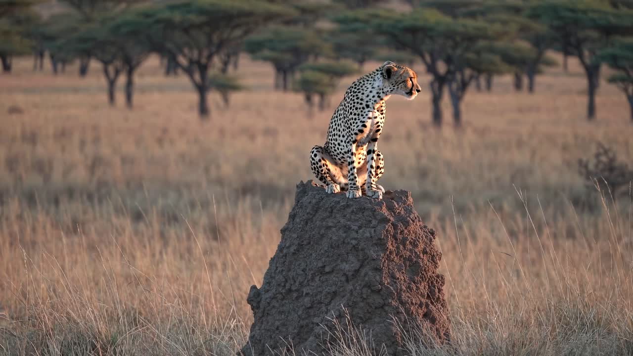 A cheetah perched on a termite mound in a savannah landscape, captured in a wide-angle shot