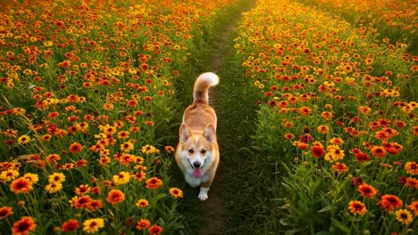 a happy corgi joyfully roving through a vibrant field of yellow and red flowers at sunset, capturing the essence of playfulness and nature's beauty