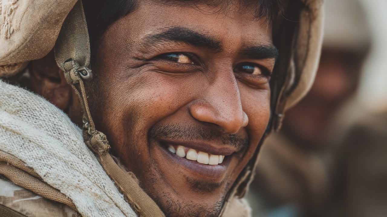 A Grinning Soldier Displays Warmth and Resilience Amidst Challenges, Capturing the Spirit of Camaraderie and Hope in a Military Environment