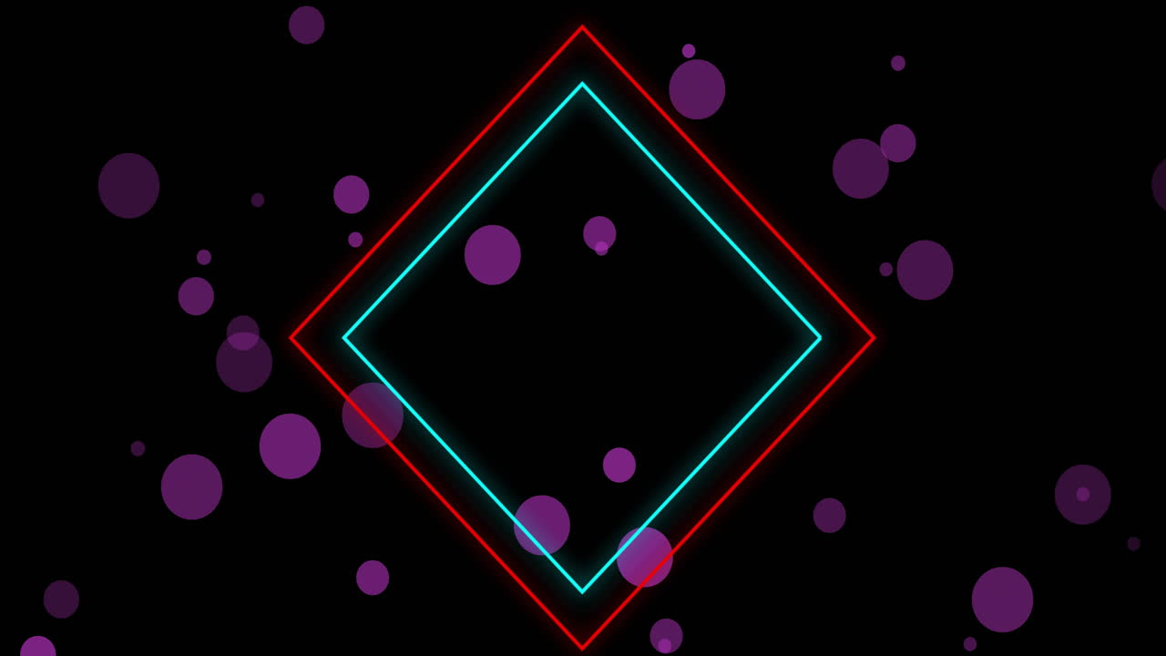 검은 바탕에 보라색 구름 위에 빨간색과 파란색 사각형의 애니메이션