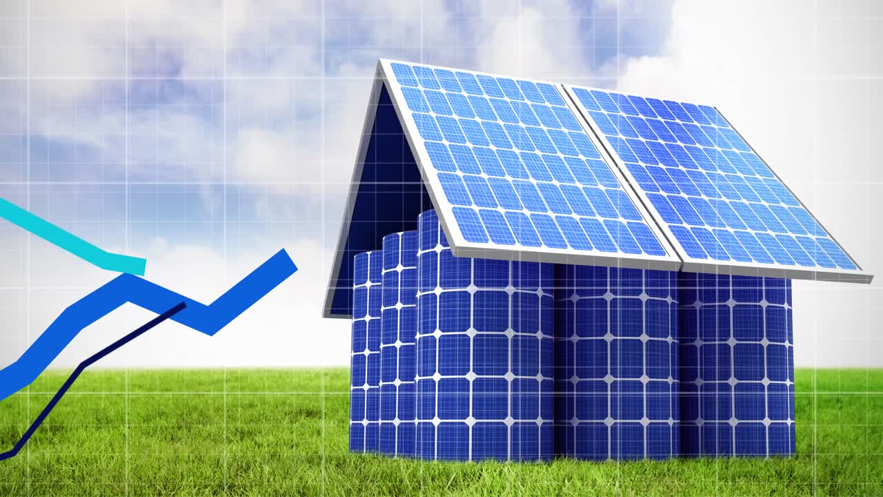 Diversi grafici blu in movimento su rete a griglia su sfondo di casa fatta di pannelli solari