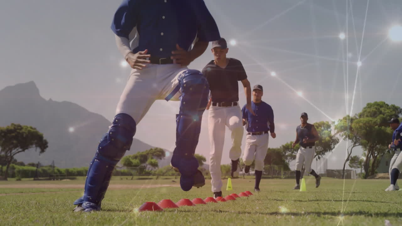 Training on field, baseball players with digital network connections animation