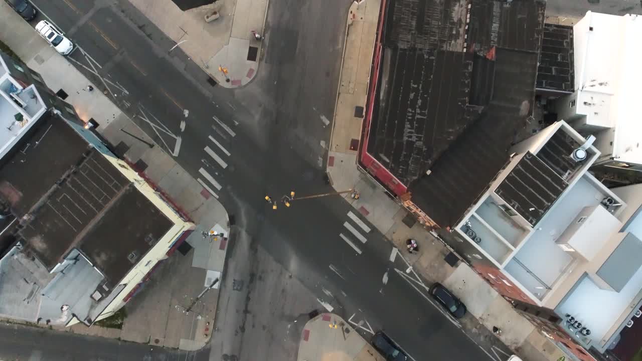 North Philadelphia streets drone looking down moving through neighborhood