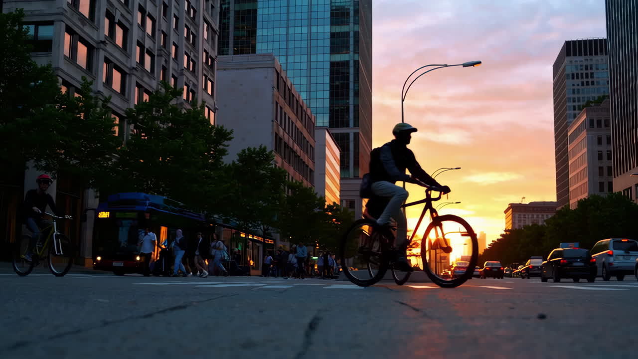 Urban Sunset Ride: Cyclists and Traffic in the City