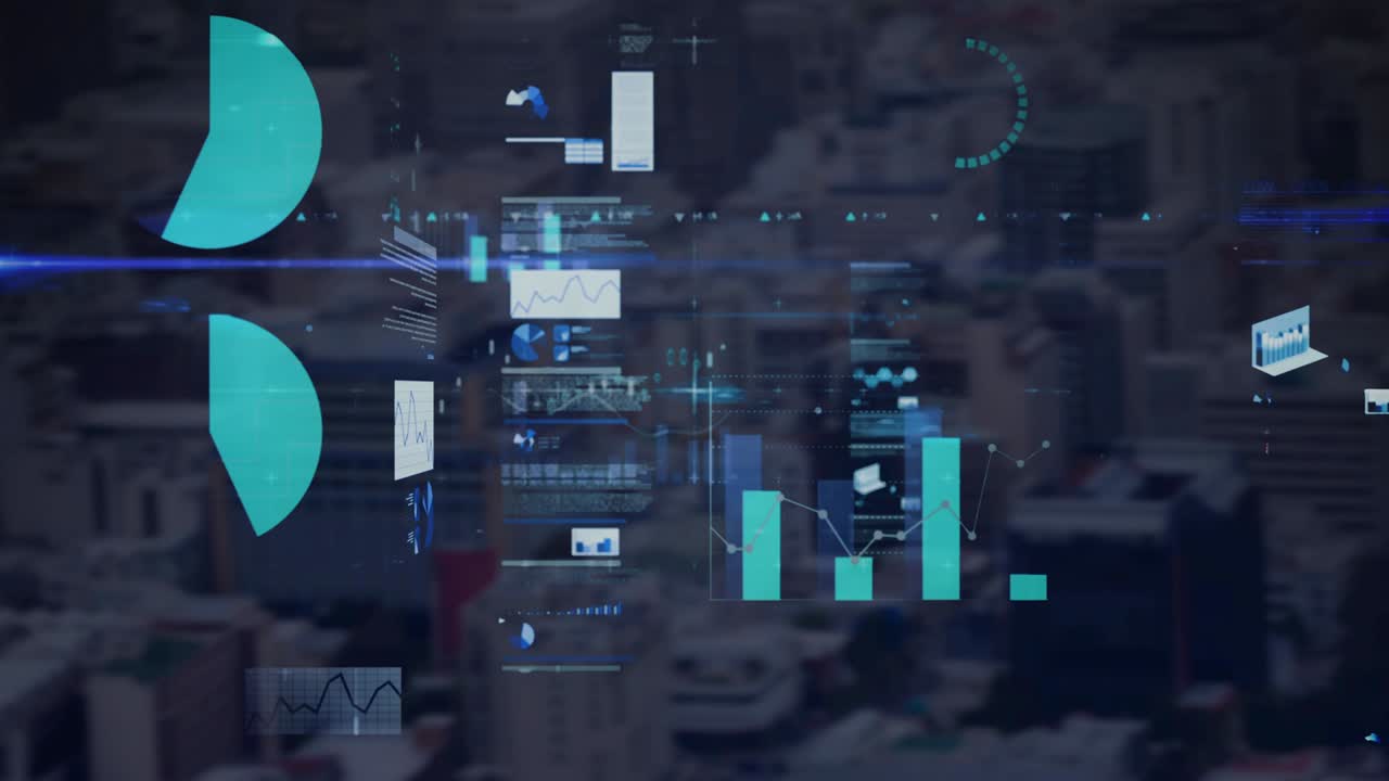 Animation of statistics and data processing over cityscape
