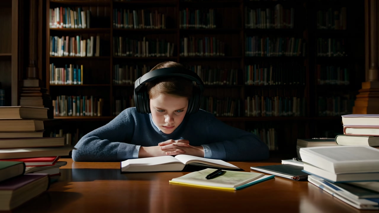 Young Student Studying In Library Wearing Headphones Surrounded By Stacked Textbooks Leaning Over Open Book