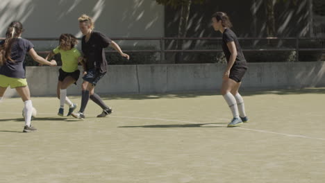 long shot of sportswomen playing football on the field