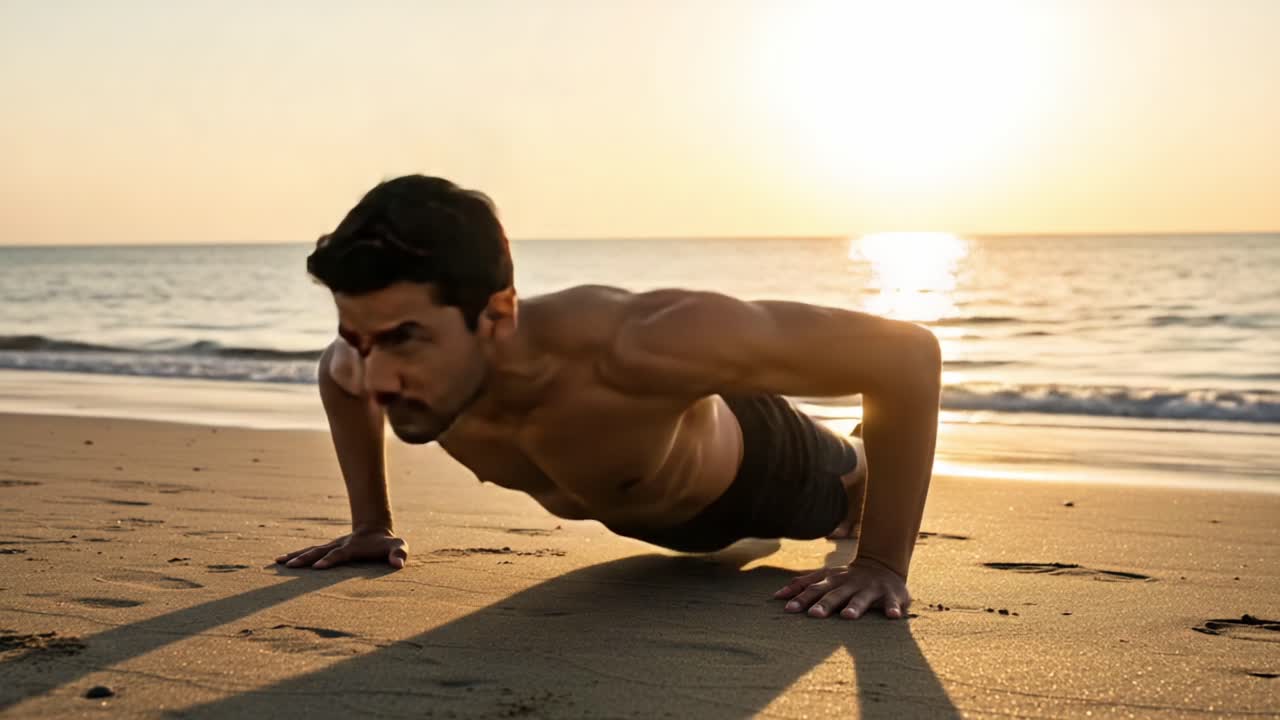 Focused and Determined: A Man Performing Push-Ups on the Beach at Sunset, Emphasizing Physical Fitness and Natural Beauty