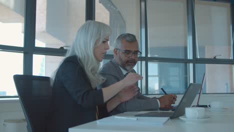 pareja de socios de negocios viendo y discutiendo la presentación