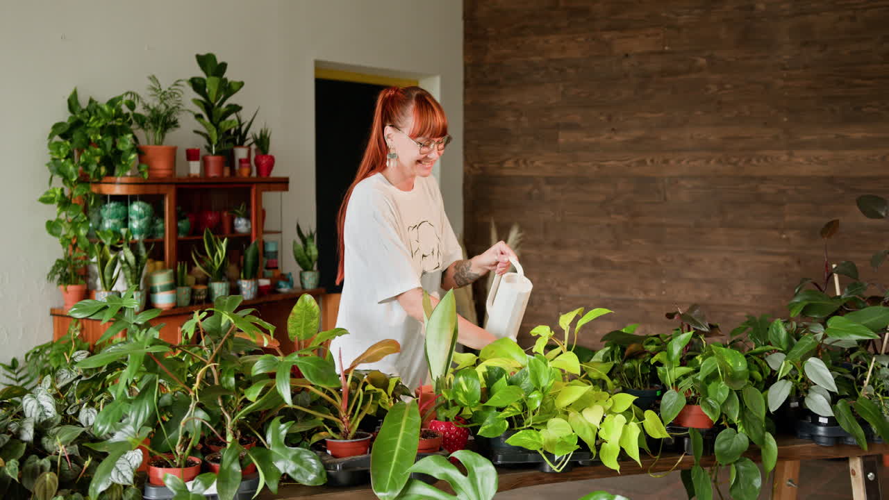 식물 가게 에서 식물 에 물 을 주고 있는 여자