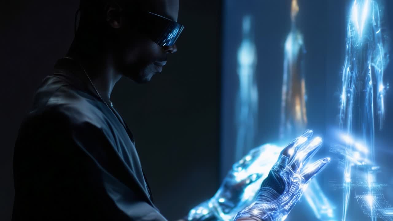 Futuristic Interaction with Holographic Technology: A Glimpse into a Digital Landscape Where Human Hands Connect with Light and Gesture, Blending Reality and Virtual Innovation