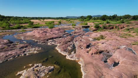 Aerial-footage-of-the-popular-area-on-the-Llano-River-in-Texas-called-The-Slab