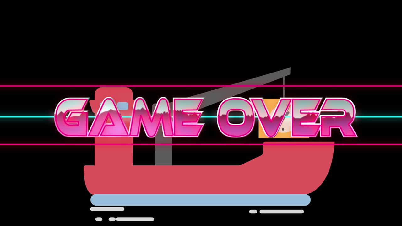 검은색 배경에 색이 넘치는 기하학적 모양과 배 위에 텍스트를 통해 게임의 애니메이션