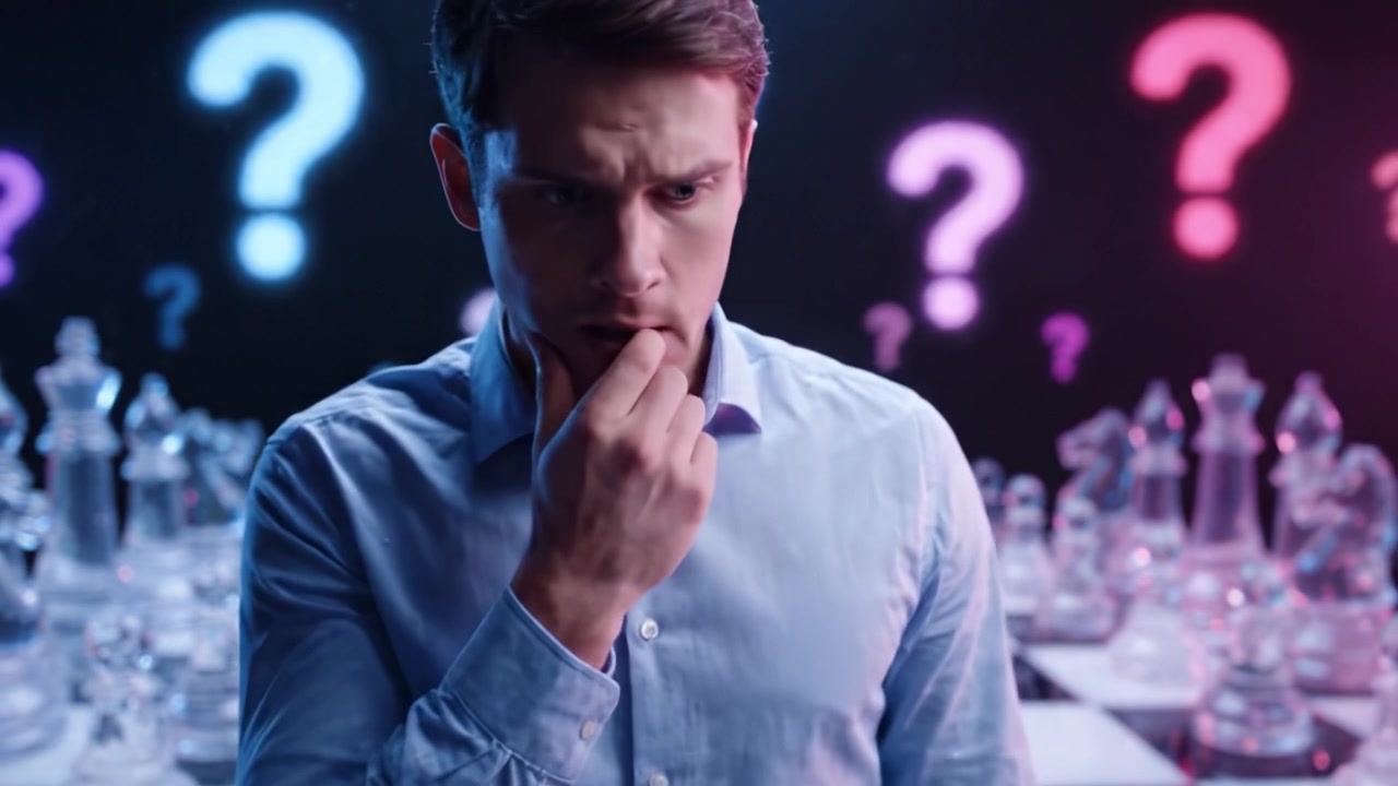 A Man Contemplates Strategy on a Chessboard Surrounded by Floating Question Marks, Symbolizing Uncertainty and Decision-Making in Life's Complex Game