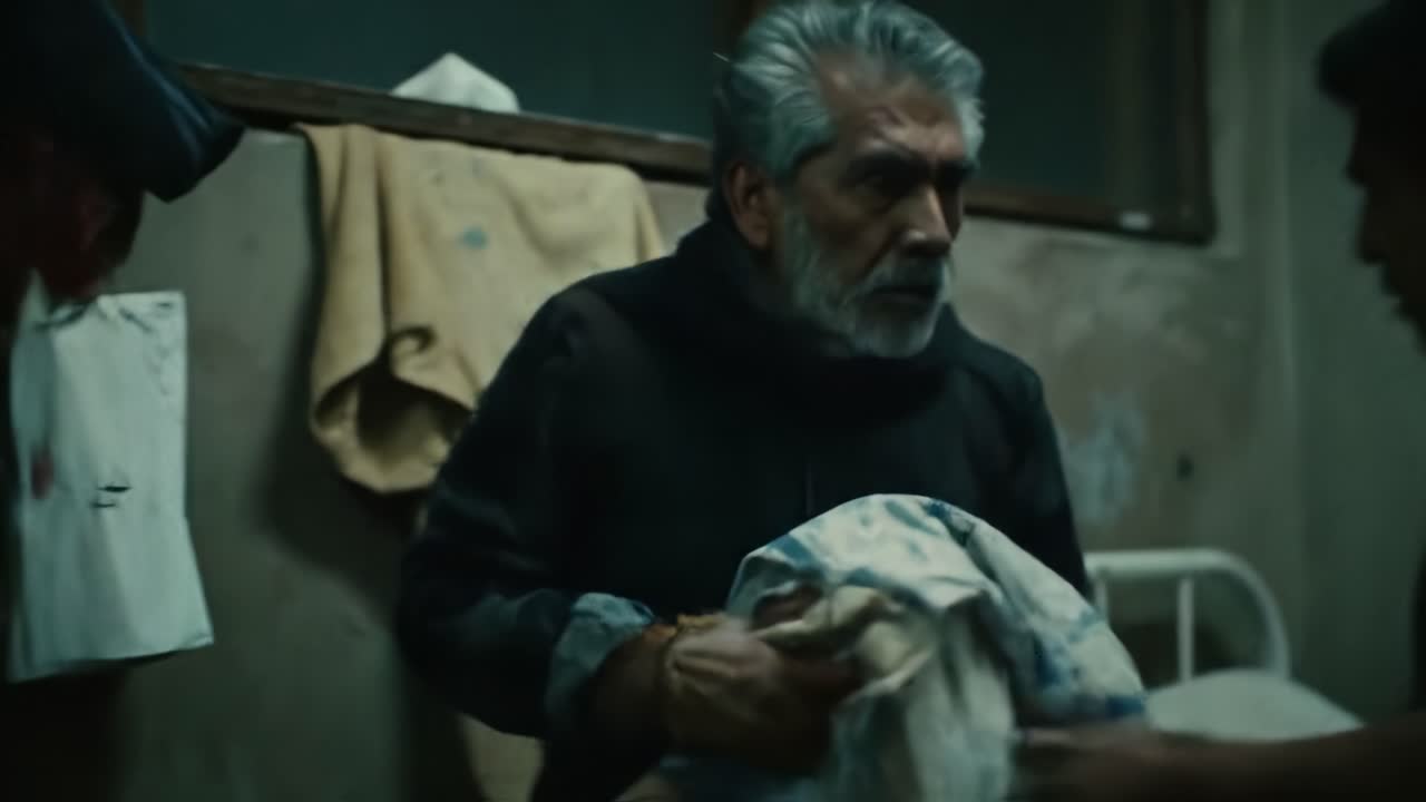 Two men engage in a charged interaction within a shadowy interior. The intensity of their exchange hints at deeper conflicts and urgent matters, creating an atmosphere of suspense.