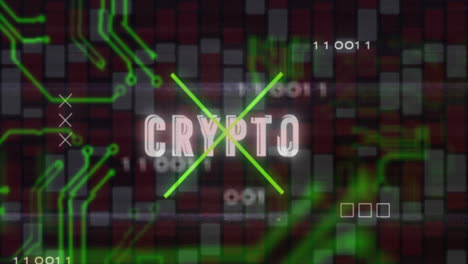 animación de texto criptográfico, símbolo x, textura de placa de circuito sobre barras rojas y blancas en el fondo.