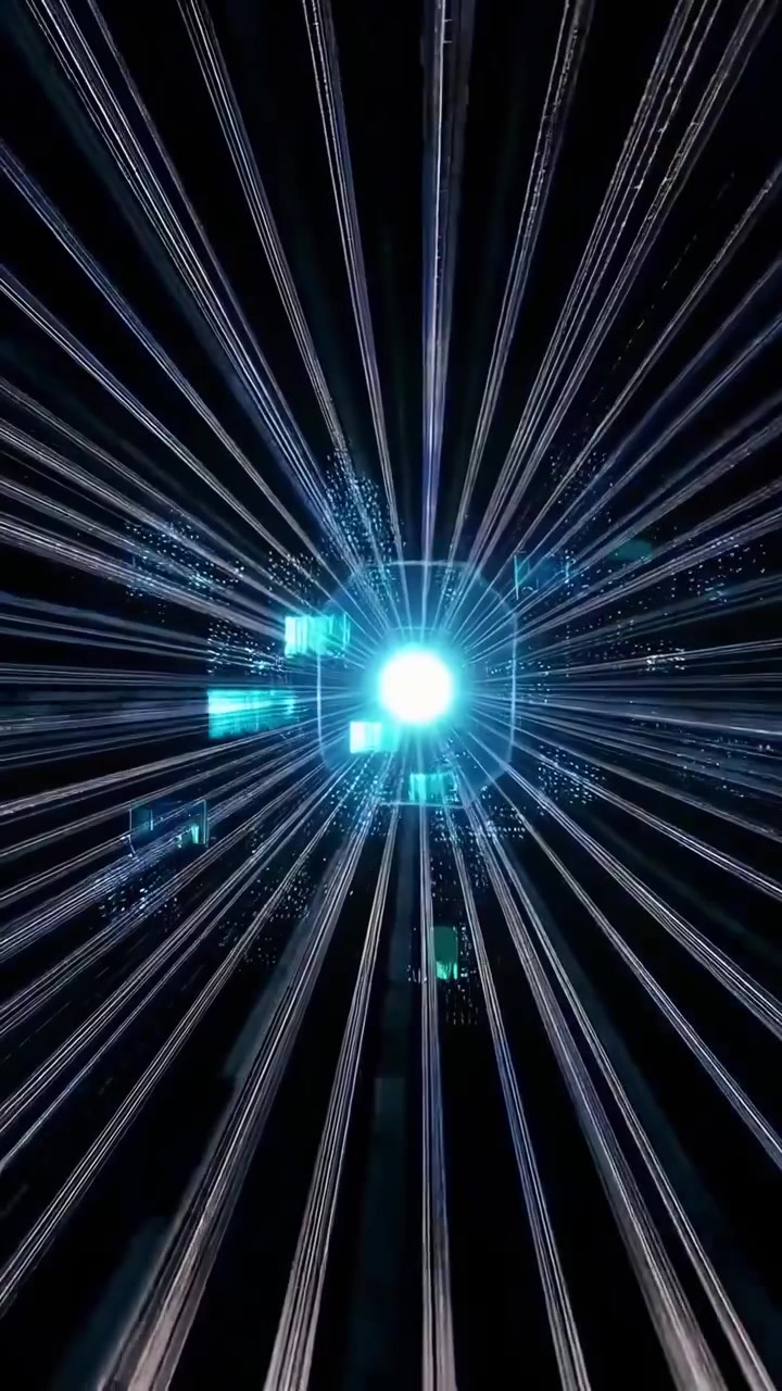 Volando attraverso un tunnel futuristico di luce al neon