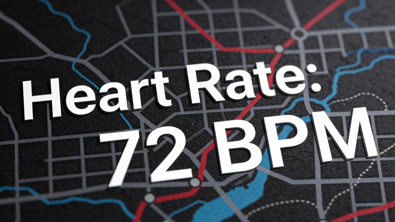 Shifting camera angle revealing parallax, accenting white 3D Heart Rate 72 BPM over map with routes