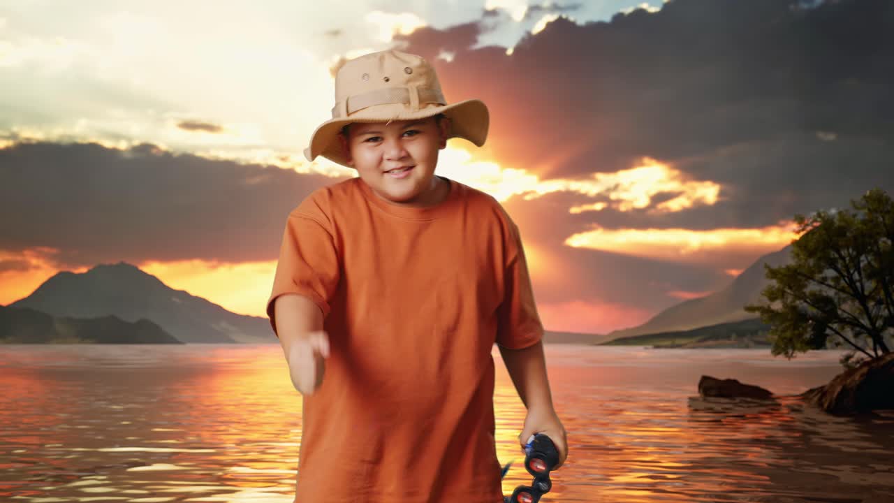 Asian Boy With A Hat Dancing After Looking Through The Binoculars. Boy Researcher Examines Something At A Lake, Travel Tourism Adventure Concept