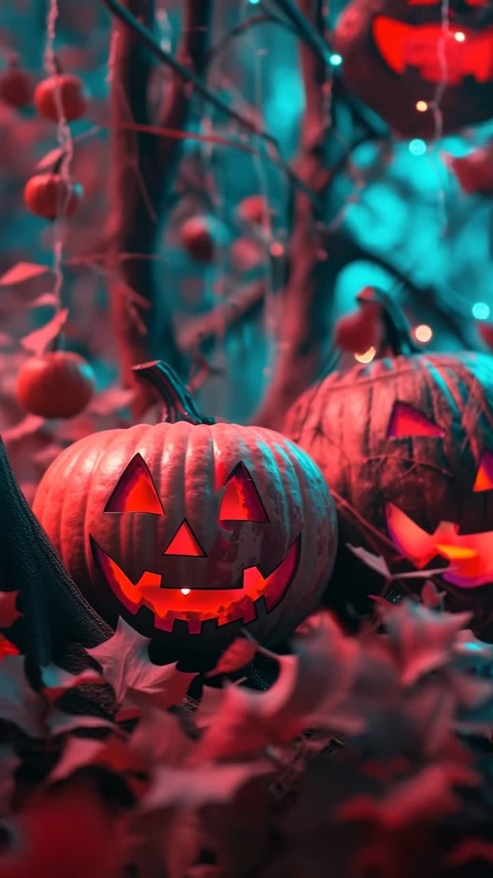 Eerie Halloween scene with glowing jack-o'-lanterns, captured at a low angle