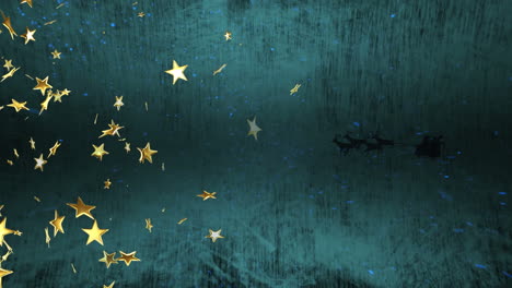 animation of santa claus in sleigh with reindeer over christmas gold stars and glowing spots