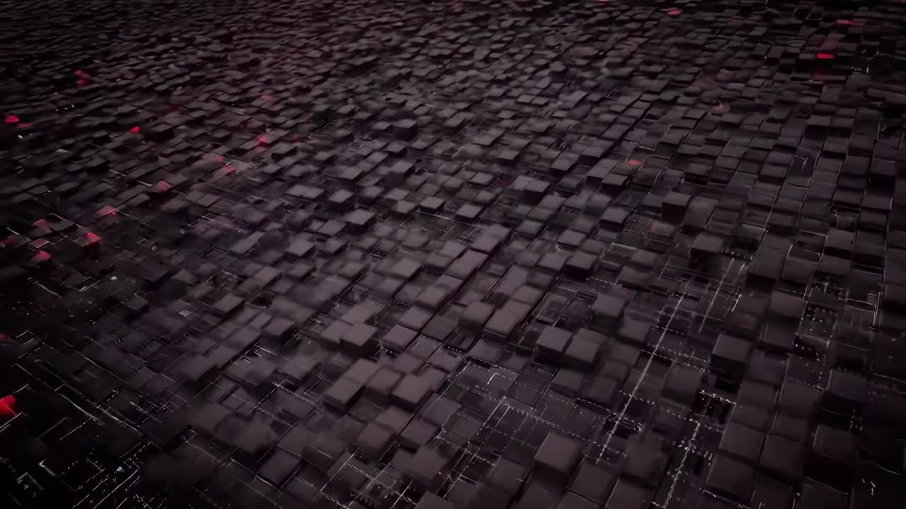 Dynamic video of black and red cubes from a high-angle, showcasing a digital tech style