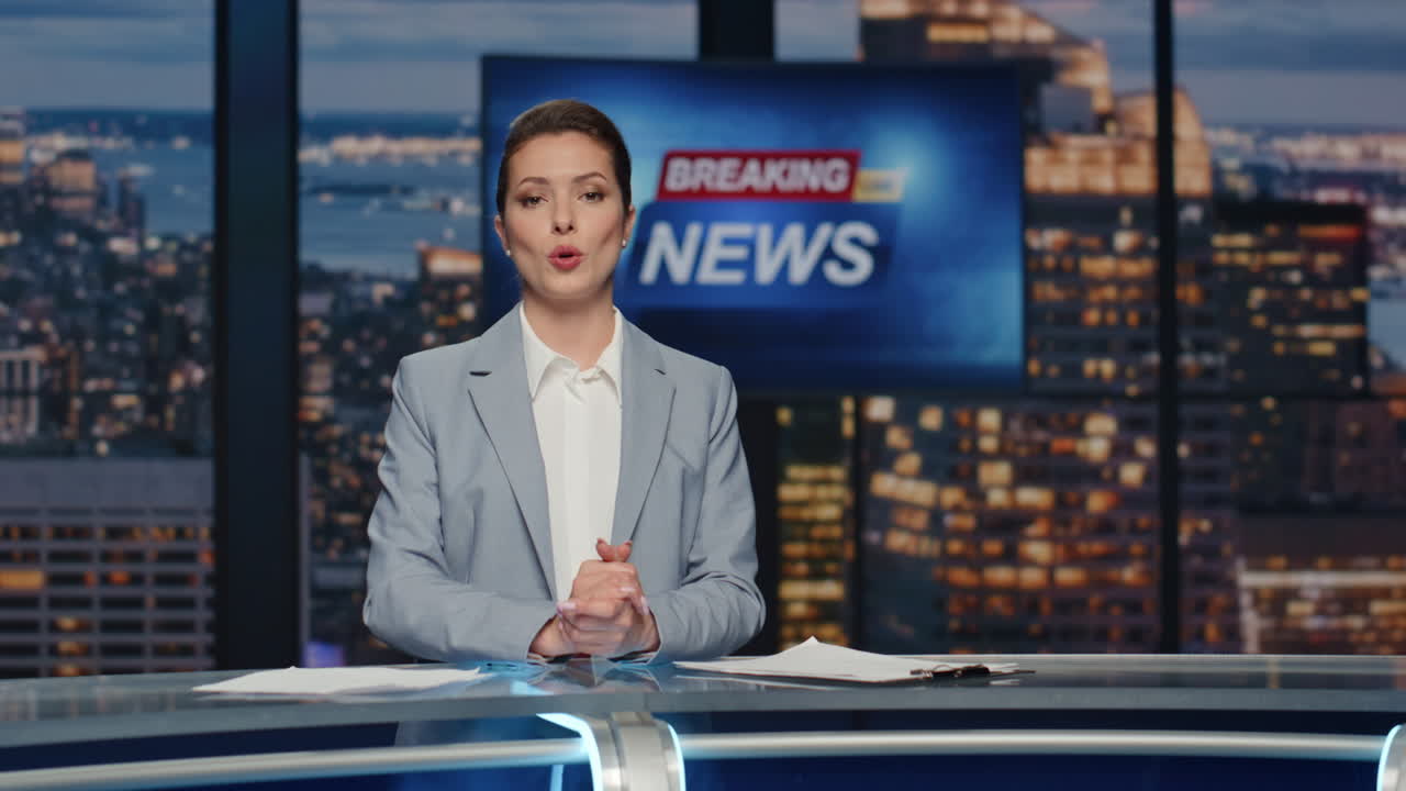 Elegant anchorwoman reporting newscast tv stage near screen. Woman breaking news