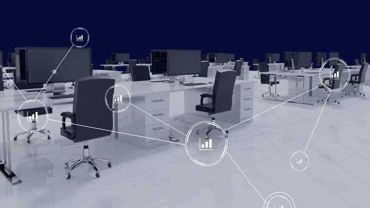 Animation of network of conncetions with icons over office interior with desks and computers