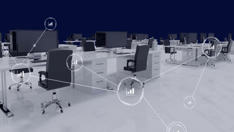 animation of network of conncetions with icons over office interior with desks and computers