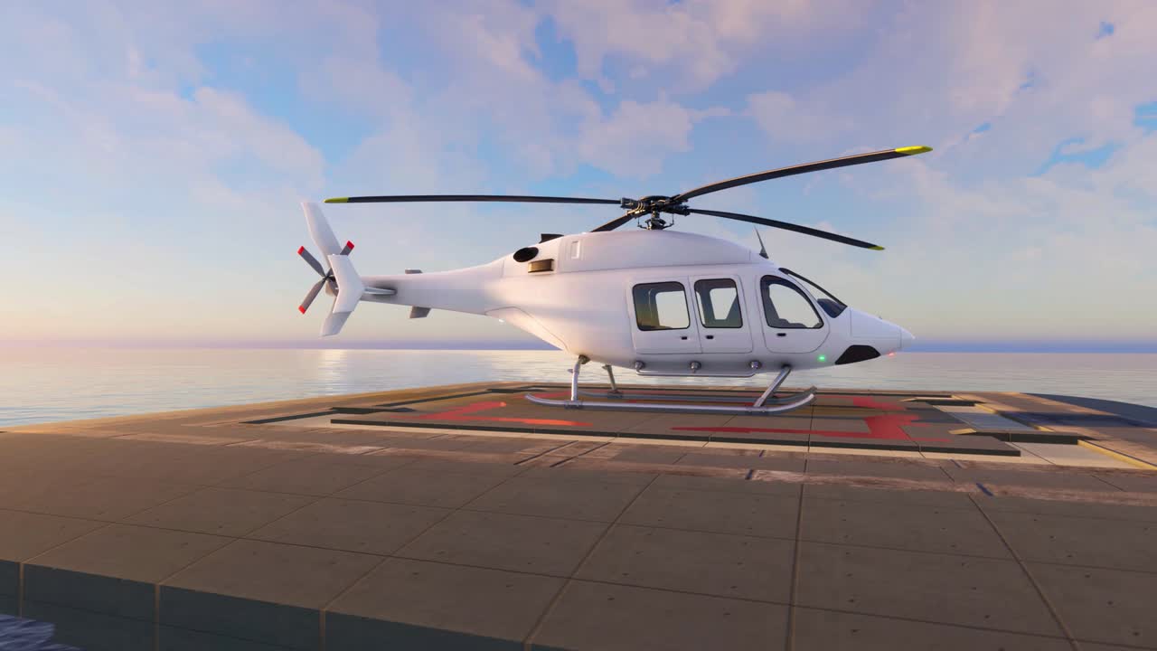 해상 헬리포트 위에 주차된 브랜드가 없는 헬리터로 바다를 볼 수 있습니다.