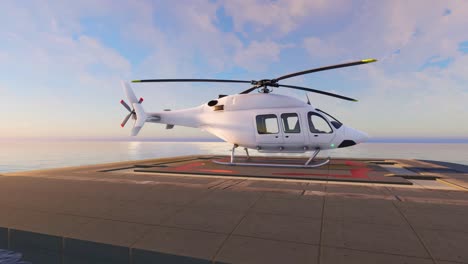 un helicóptero sin marca estacionado en la parte superior de un helipuerto en alta mar con vistas al océano por todas partes - bucle sin fisuras