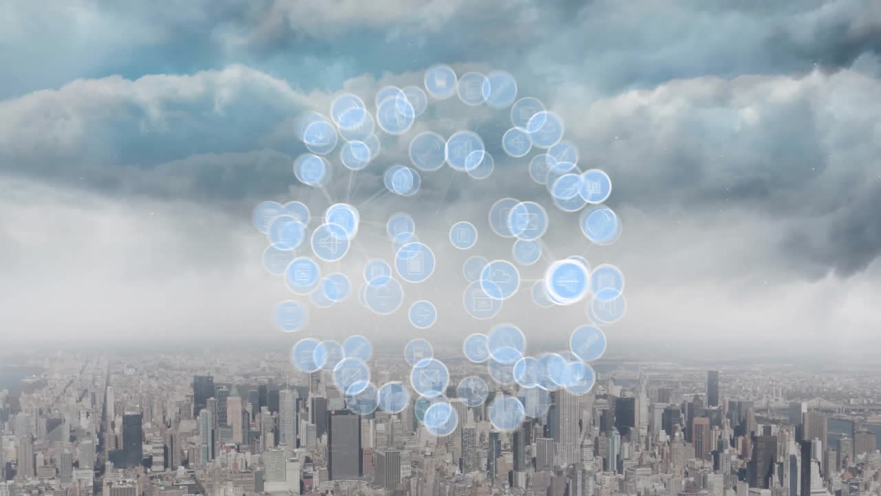 도시 풍경 위의 아이콘과 연결된 네트워크의 지구상의 애니메이션