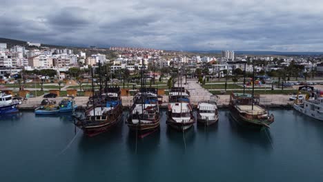 aerial pleasure boats anchored in marina