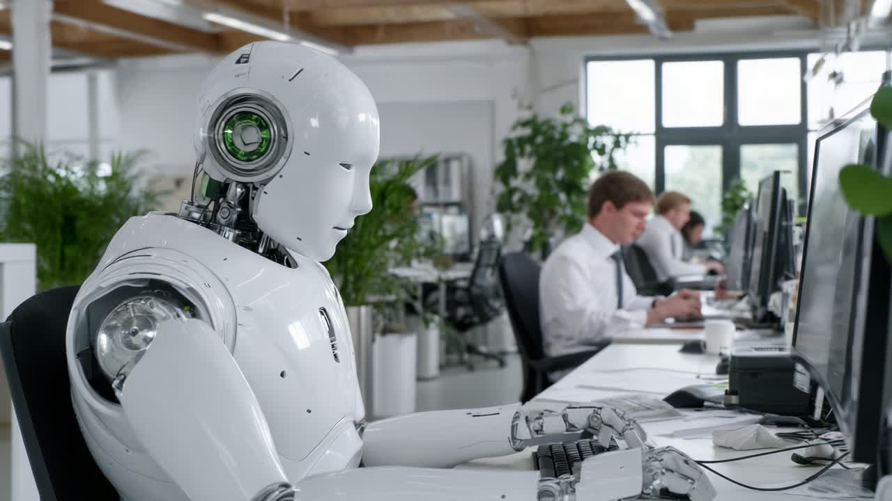 A Futuristic Workspace Featuring a Humanoid Robot Collaborating in an Office Environment, Showcasing Advanced Technology and Human Interaction