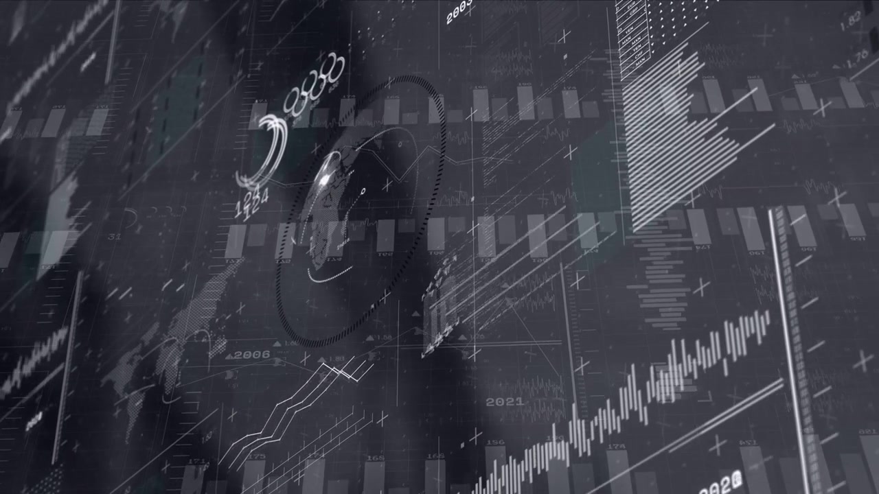 On launch HUD animating over glossy sphere, bars rising, rings rotating, presenting data trends