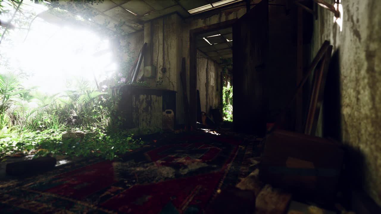 낮에는 식물로 뒤인 버려진 구조물을 탐험하고 있습니다.