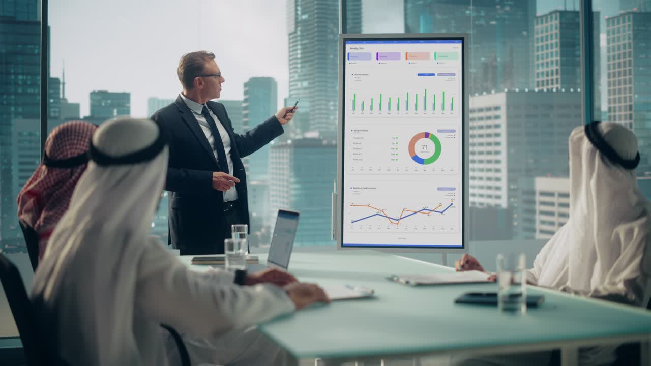 International Manager Holds Meeting Presentation for Saudi Business Partners. Specialist Uses Whiteboard with Growth Analysis, Charts, Statistics and Data. Saudi, Emirati, Arab Office Concept.