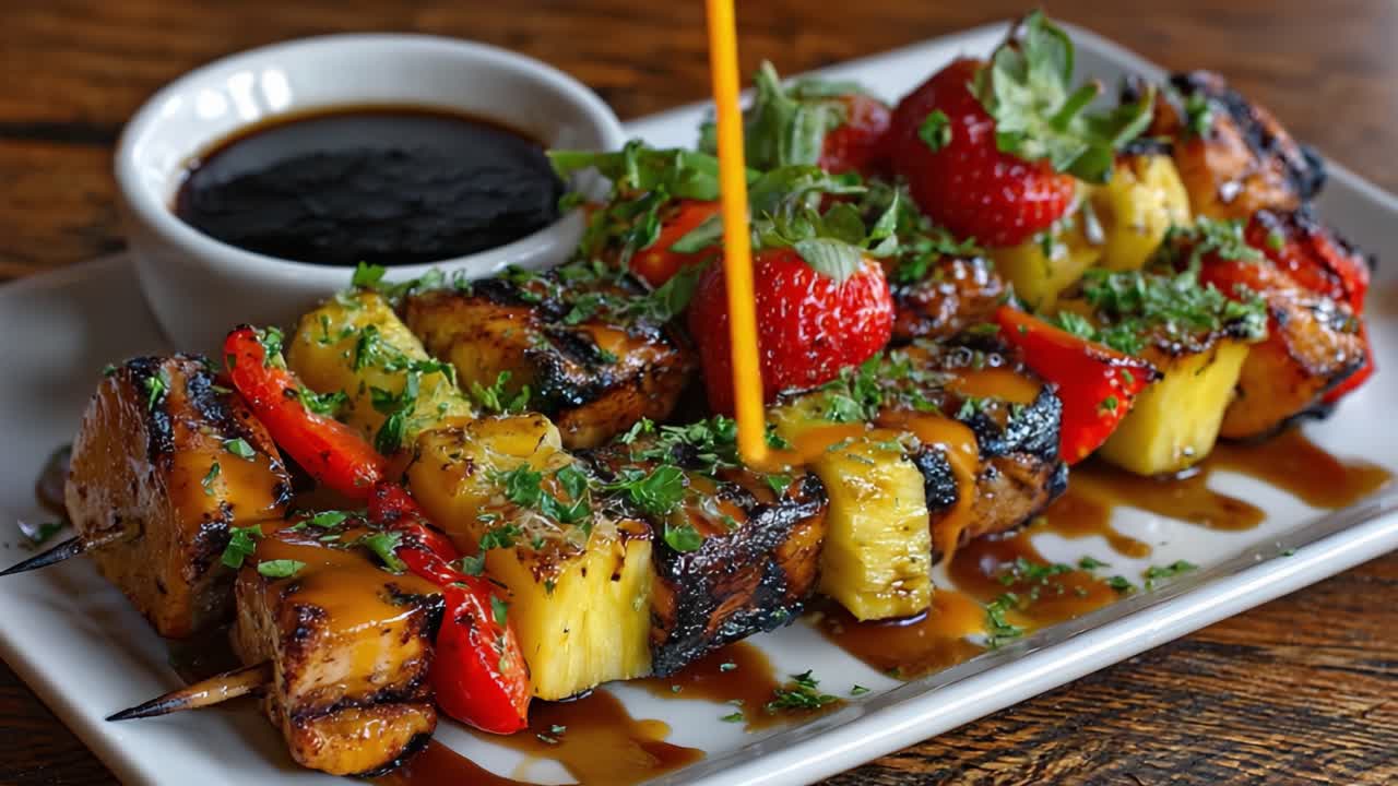 Lækre spyd med grillet kylling, ananas, jordbær og peberfrugter på en tallerken med en fyldig dip og friske krydderurter.