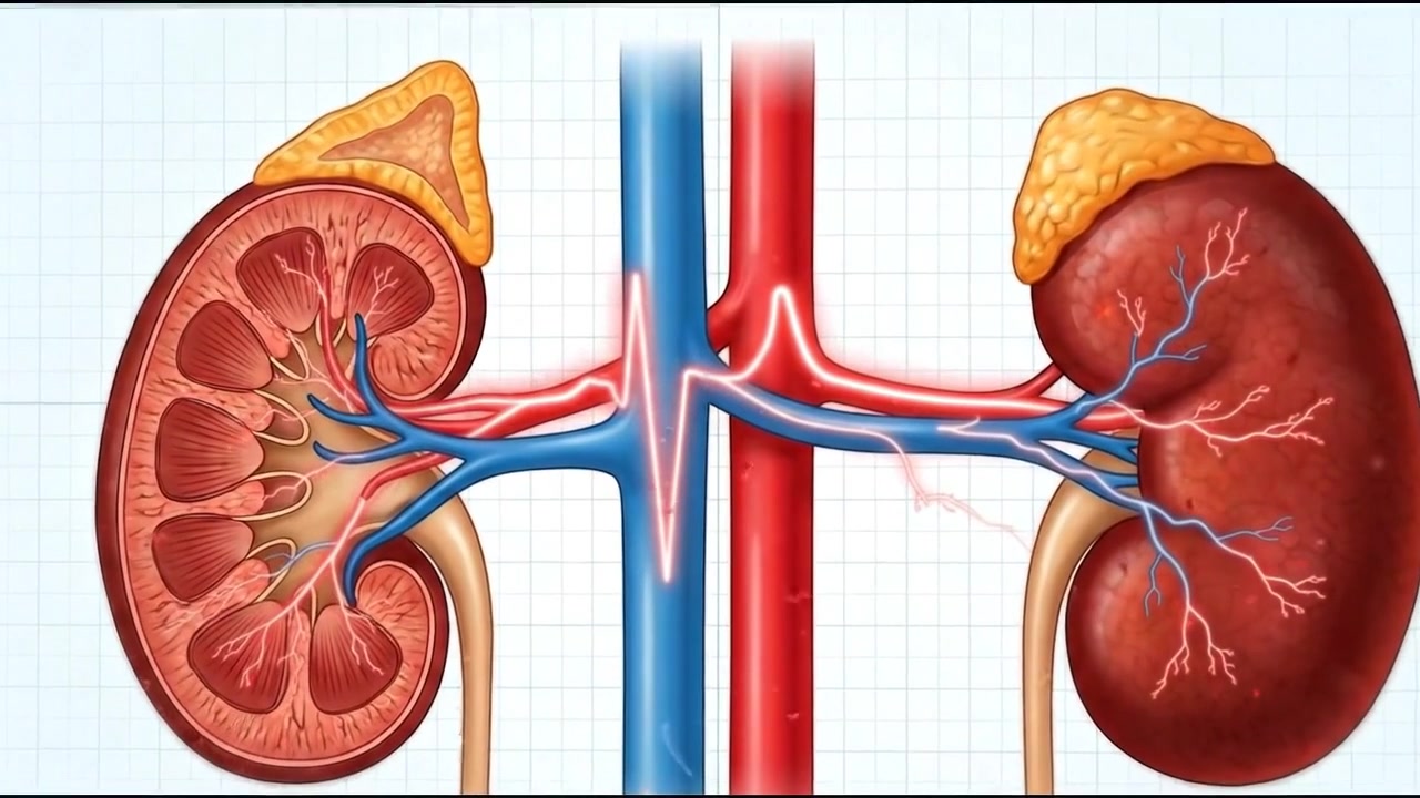 Human kidneys and renal blood vessels shown in detailed anatomical illustration