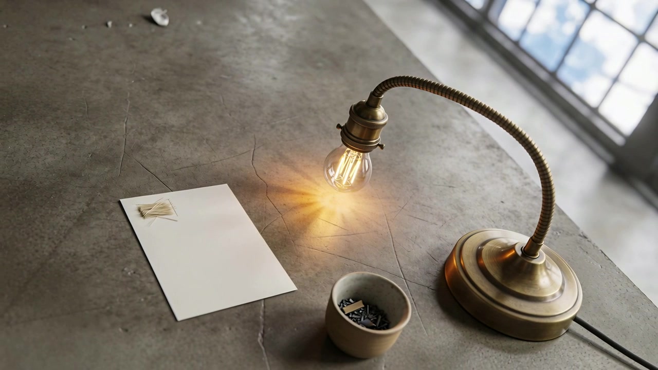 Kameraet skifter og afslører en messinglampe på skrivebordet, der viser et varmt pæreglød, samt papir, pinde og et vindue.