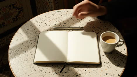 notebook and coffee on a sunny table