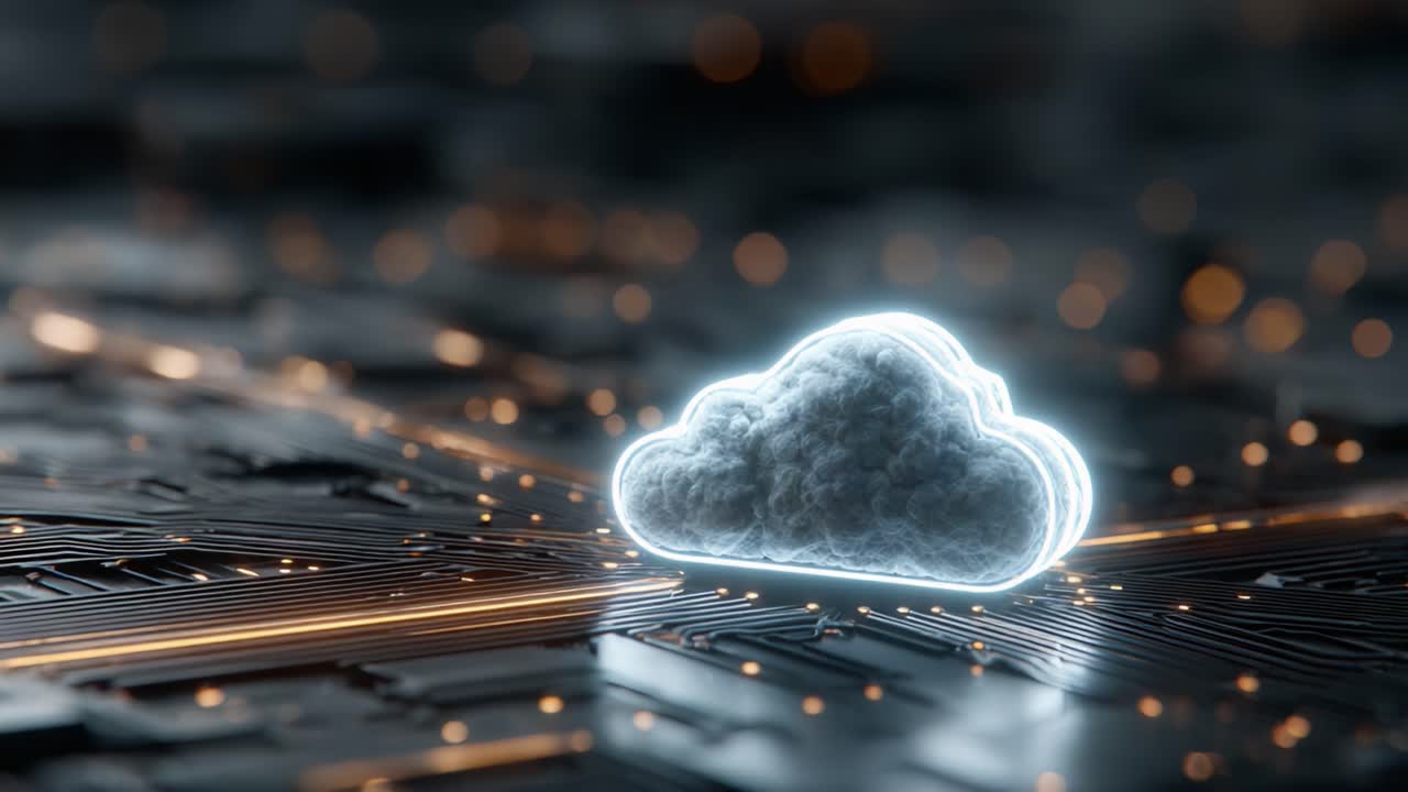 A Glowing Digital Cloud Icon in a Futuristic Circuitry Setting, Representing Advanced Technology and Data Storage Solutions Sleekly Illuminating the Contemporary Background