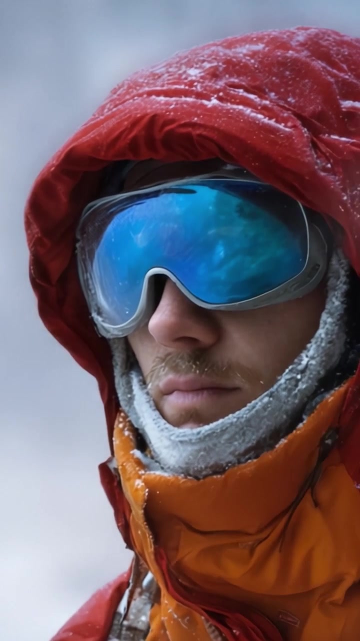 Un alpinista resiliente, vestito con attrezzatura invernale colorata, affronta condizioni nevose difficili con determinazione, mostrando lo spirito di avventura ed esplorazione nella natura