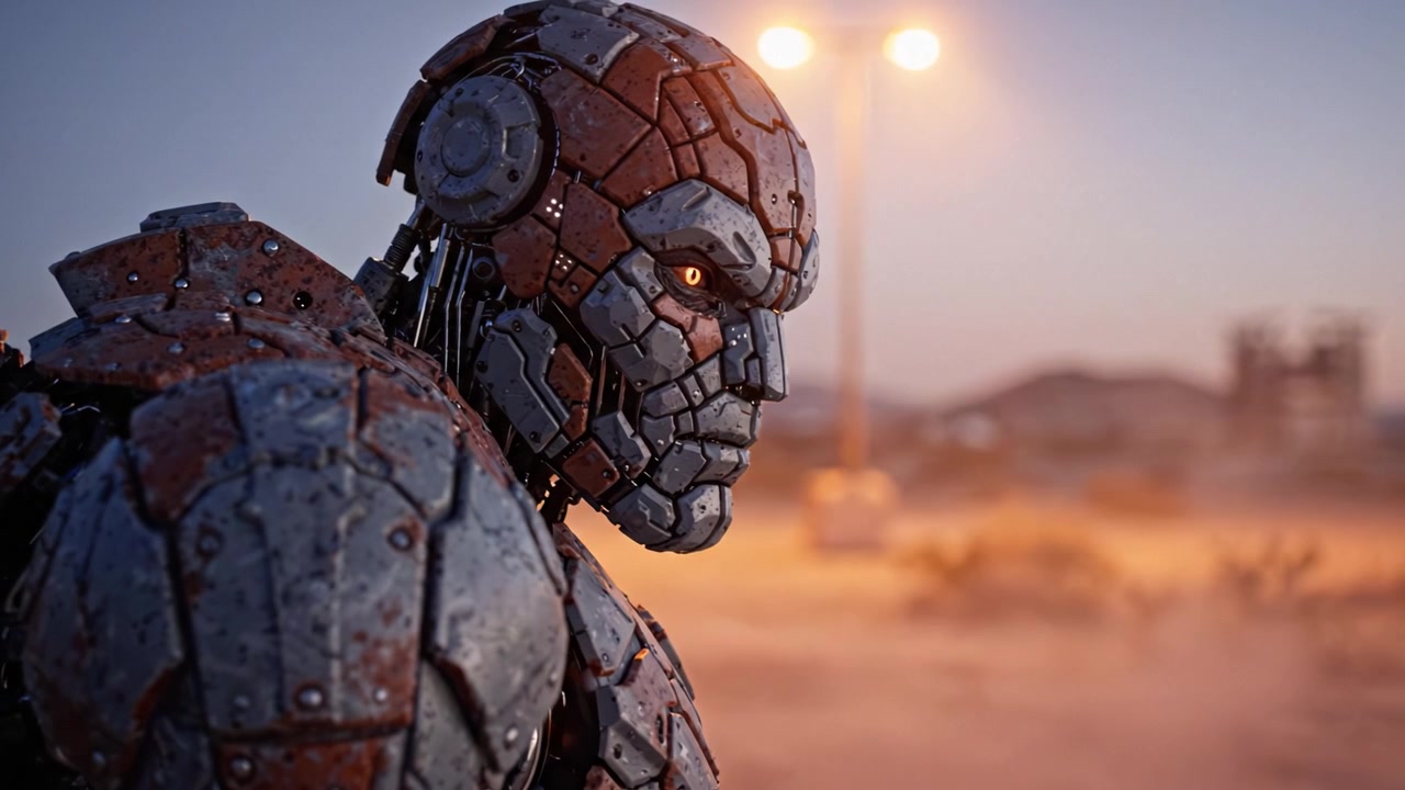 A detailed close-up of a futuristic robot with metallic features and glowing eyes, reflecting emotions in a desolate landscape during dusk or dawn.